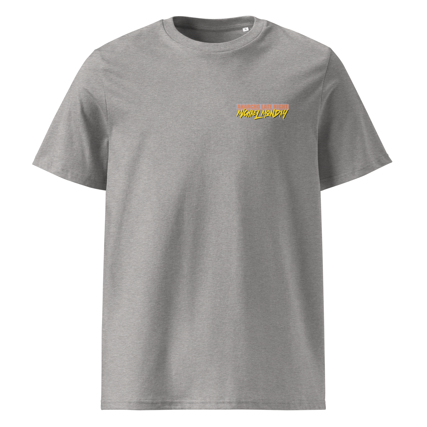 Michael Monday anarcho late night organic cotton t-shirt in Heather Grey, front view: small Michael Monday brush lettering on the left chest.