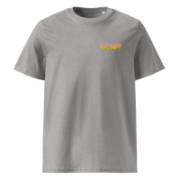 Michael Monday anarcho late night organic cotton t-shirt in Heather Grey, front view: small Michael Monday brush lettering on the left chest.