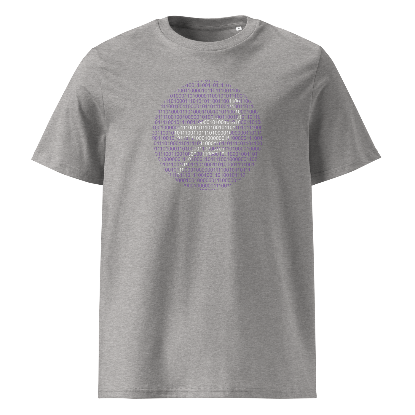 Nostr Binary organic cotton nostr t-shirt in Heather Grey, front view: a round emblem built from purple binary digits.