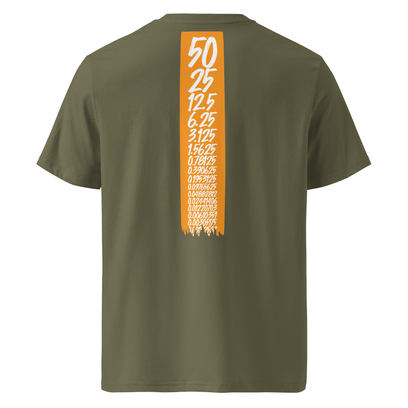 Bitcoin Halving organic cotton bitcoin t-shirt in Khaki, back view: an orange banner listing the halving block rewards from 50 down to 0.00190735.