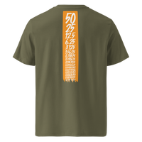 Bitcoin Halving organic cotton bitcoin t-shirt in Khaki, back view: an orange banner listing the halving block rewards from 50 down to 0.00190735.