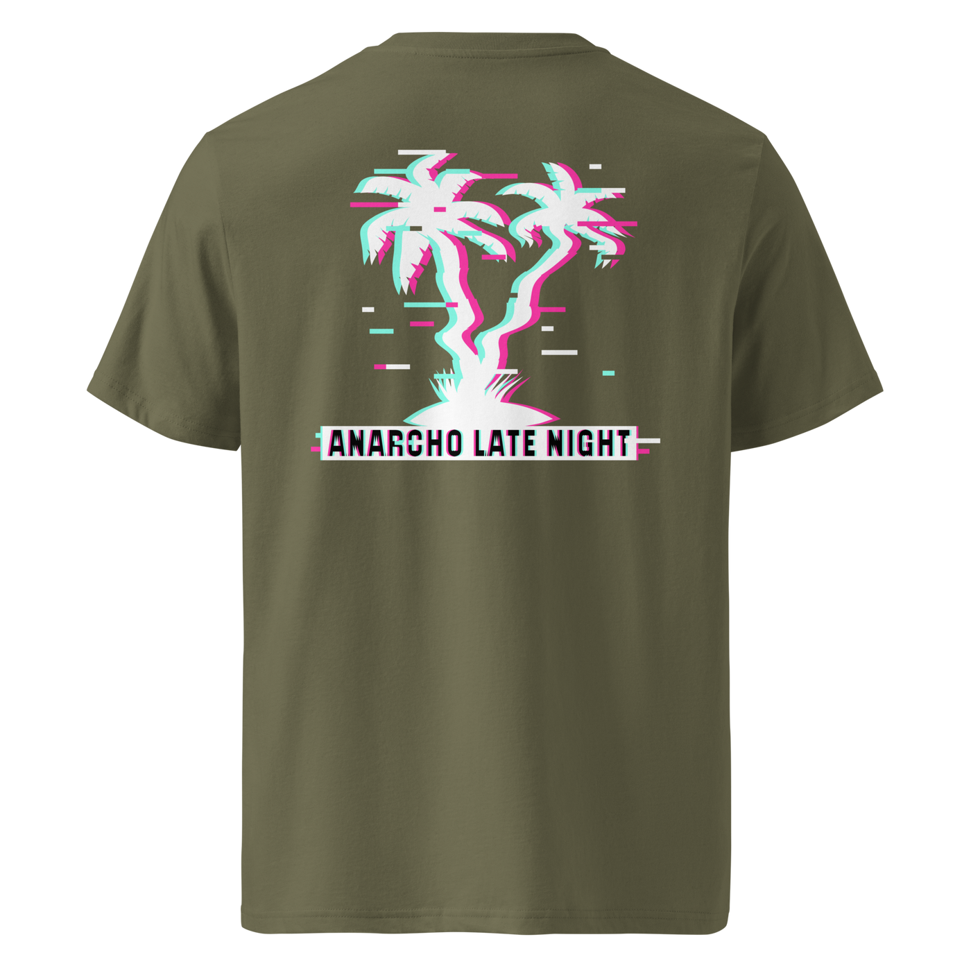 Betrüger anarcho late night organic cotton t-shirt in Khaki, back view: neon glitch palm trees above a banner reading Anarcho Late Night.