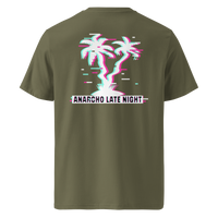 Betrüger anarcho late night organic cotton t-shirt in Khaki, back view: neon glitch palm trees above a banner reading Anarcho Late Night.