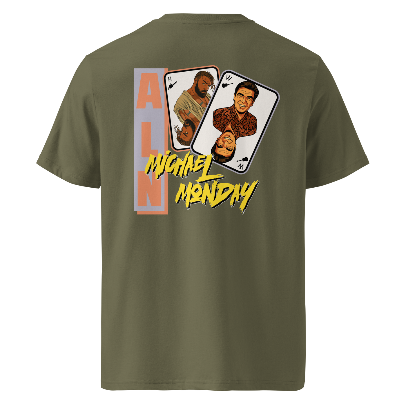 Michael Monday anarcho late night organic cotton t-shirt in Khaki, back view: two playing cards with illustrated portraits next to Michael Monday in yellow brush lettering.