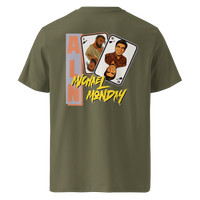 Michael Monday anarcho late night organic cotton t-shirt in Khaki, back view: two playing cards with illustrated portraits next to Michael Monday in yellow brush lettering.
