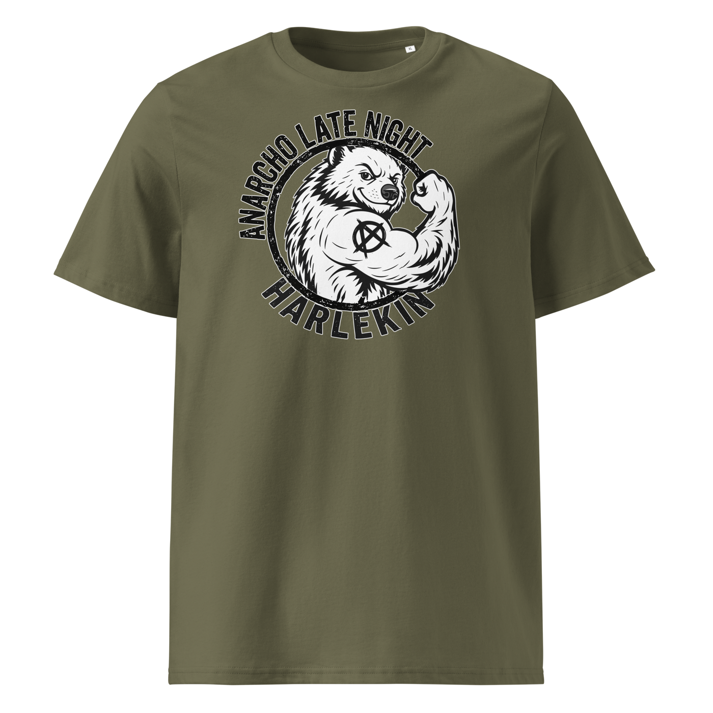 Anarcho Late Night organic cotton t-shirt in Khaki, front view: a round black emblem of a flexing badger reading Anarcho Late Night Harlekin.