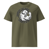 Anarcho Late Night organic cotton t-shirt in Khaki, front view: a round black emblem of a flexing badger reading Anarcho Late Night Harlekin.