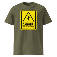 Lightning - Danger! Fast Transactions organic cotton bitcoin t-shirt in Khaki, front view: a yellow warning sign with a lightning bolt reading Danger! Fast Transactions.