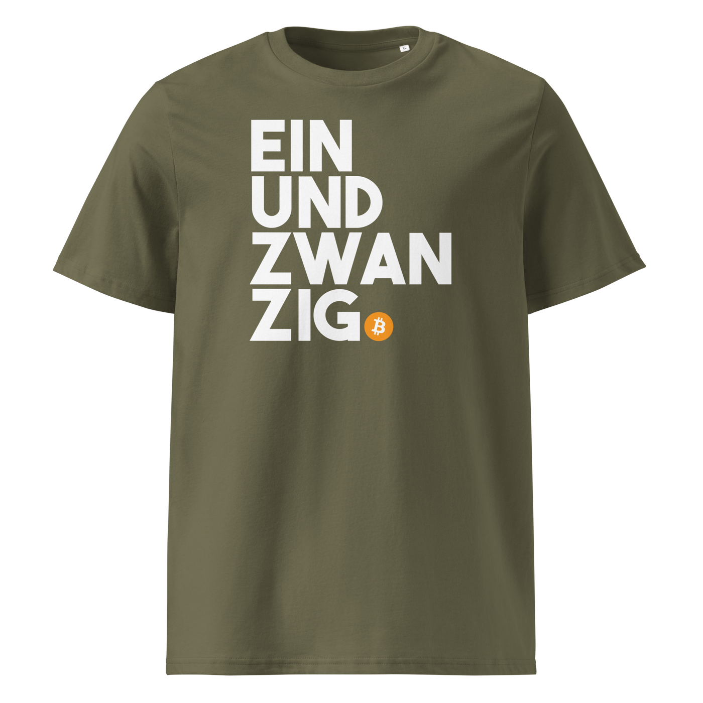 Einundzwanzig organic cotton bitcoin t-shirt in Khaki, front view: Einundzwanzig stacked in black block letters with an orange bitcoin coin.