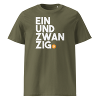 Einundzwanzig organic cotton bitcoin t-shirt in Khaki, front view: Einundzwanzig stacked in black block letters with an orange bitcoin coin.