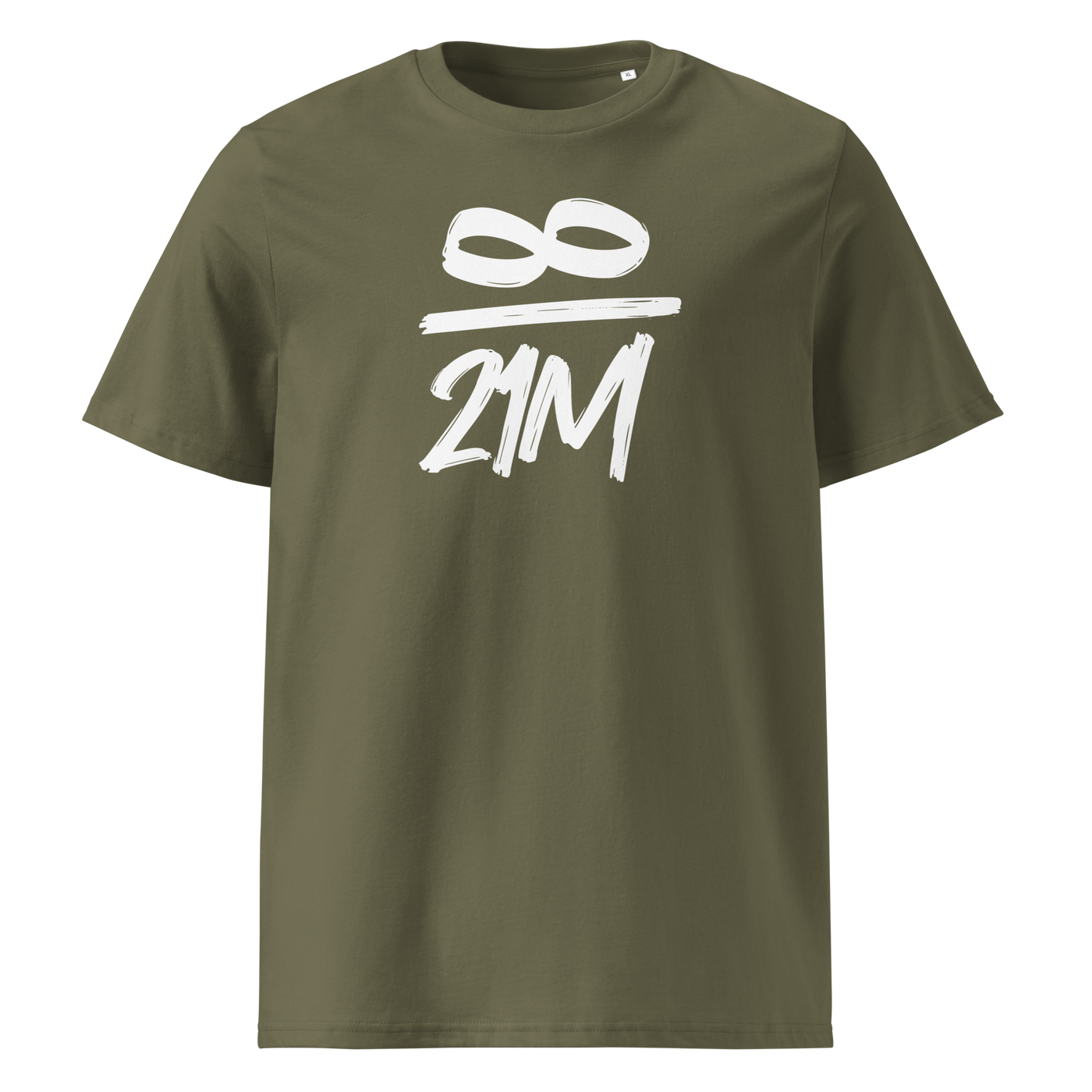 Infinity / 21 Million organic cotton bitcoin t-shirt in Khaki, front view: an infinity symbol over 21M in black brush lettering.