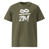 Infinity / 21 Million organic cotton bitcoin t-shirt in Khaki, front view: an infinity symbol over 21M in black brush lettering.