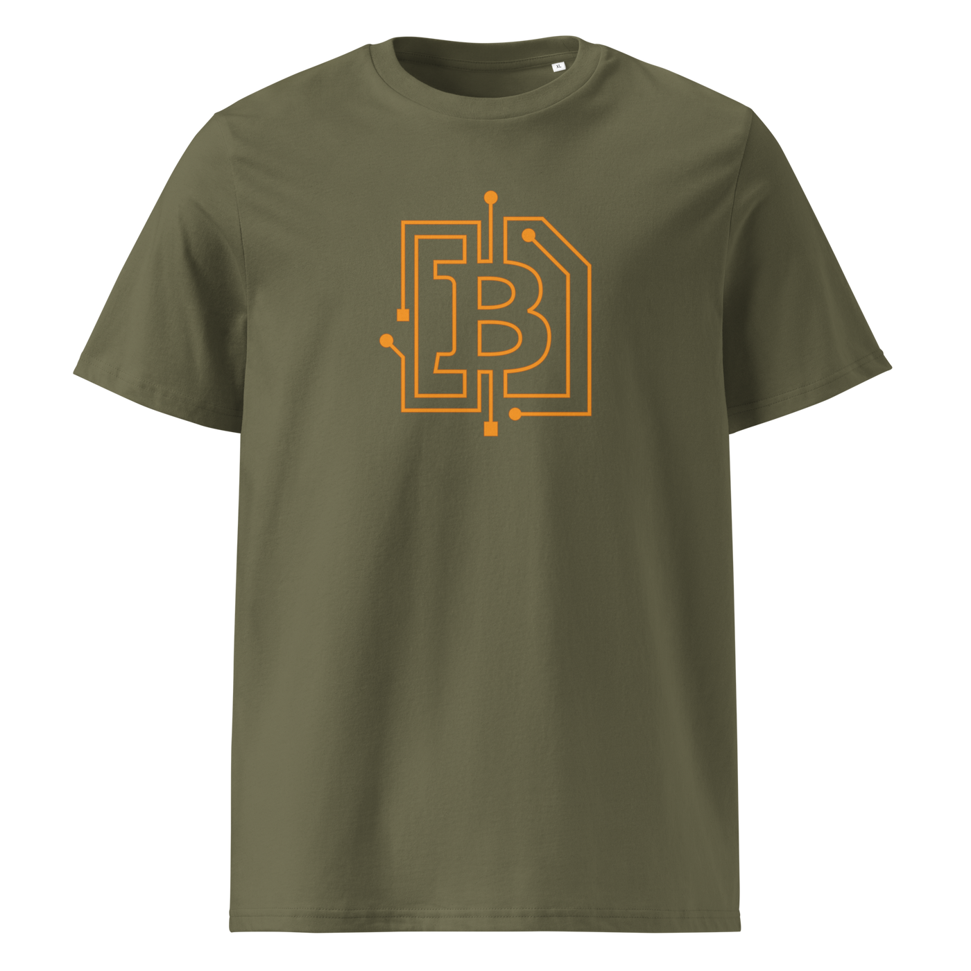 Circuit Board organic cotton bitcoin t-shirt in Khaki, front view: an orange bitcoin B drawn as circuit board traces.