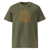 Circuit Board organic cotton bitcoin t-shirt in Khaki, front view: an orange bitcoin B drawn as circuit board traces.