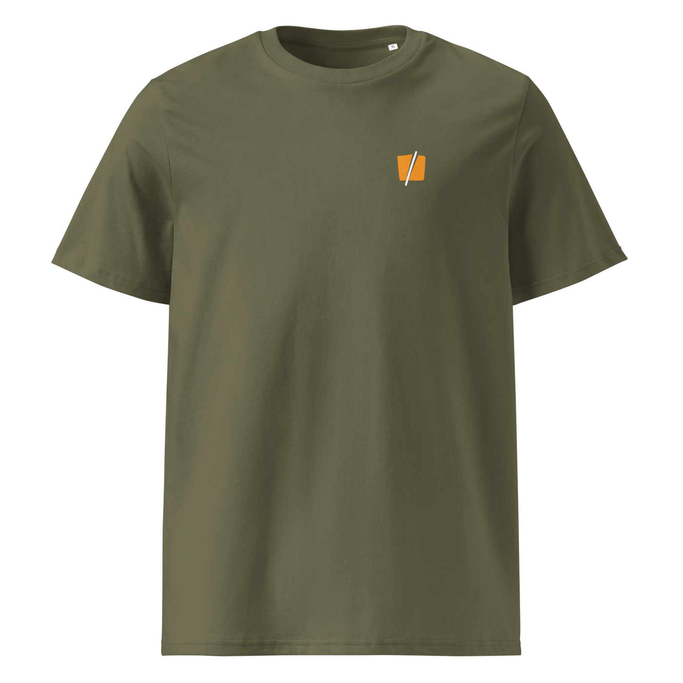 Bitcoin Halving organic cotton bitcoin t-shirt in Khaki, front view: a small halved orange bitcoin symbol on the left chest.