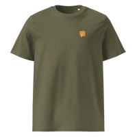 Bitcoin Halving organic cotton bitcoin t-shirt in Khaki, front view: a small halved orange bitcoin symbol on the left chest.