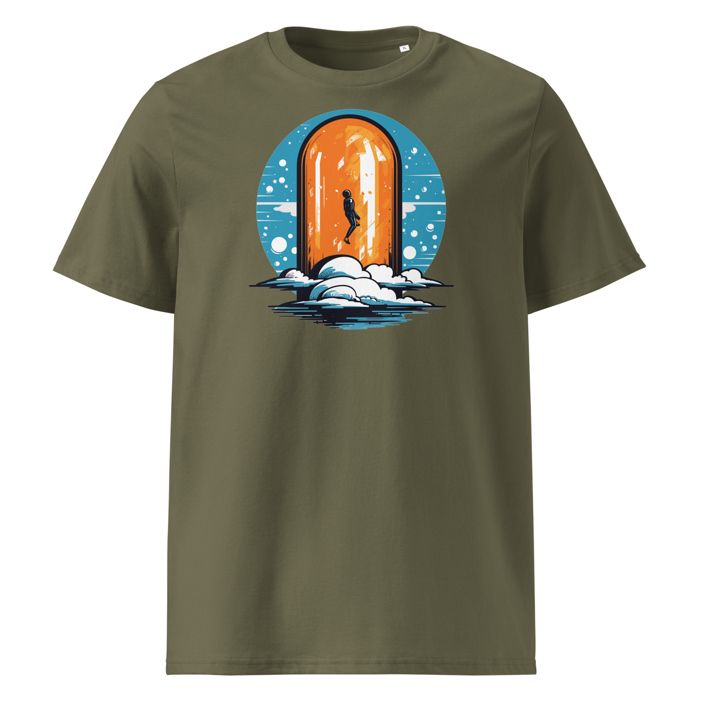 Orange Pill organic cotton bitcoin t-shirt in Khaki, front view: a silhouette stepping through an orange pill shaped doorway above the clouds.