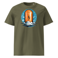 Orange Pill organic cotton bitcoin t-shirt in Khaki, front view: a silhouette stepping through an orange pill shaped doorway above the clouds.