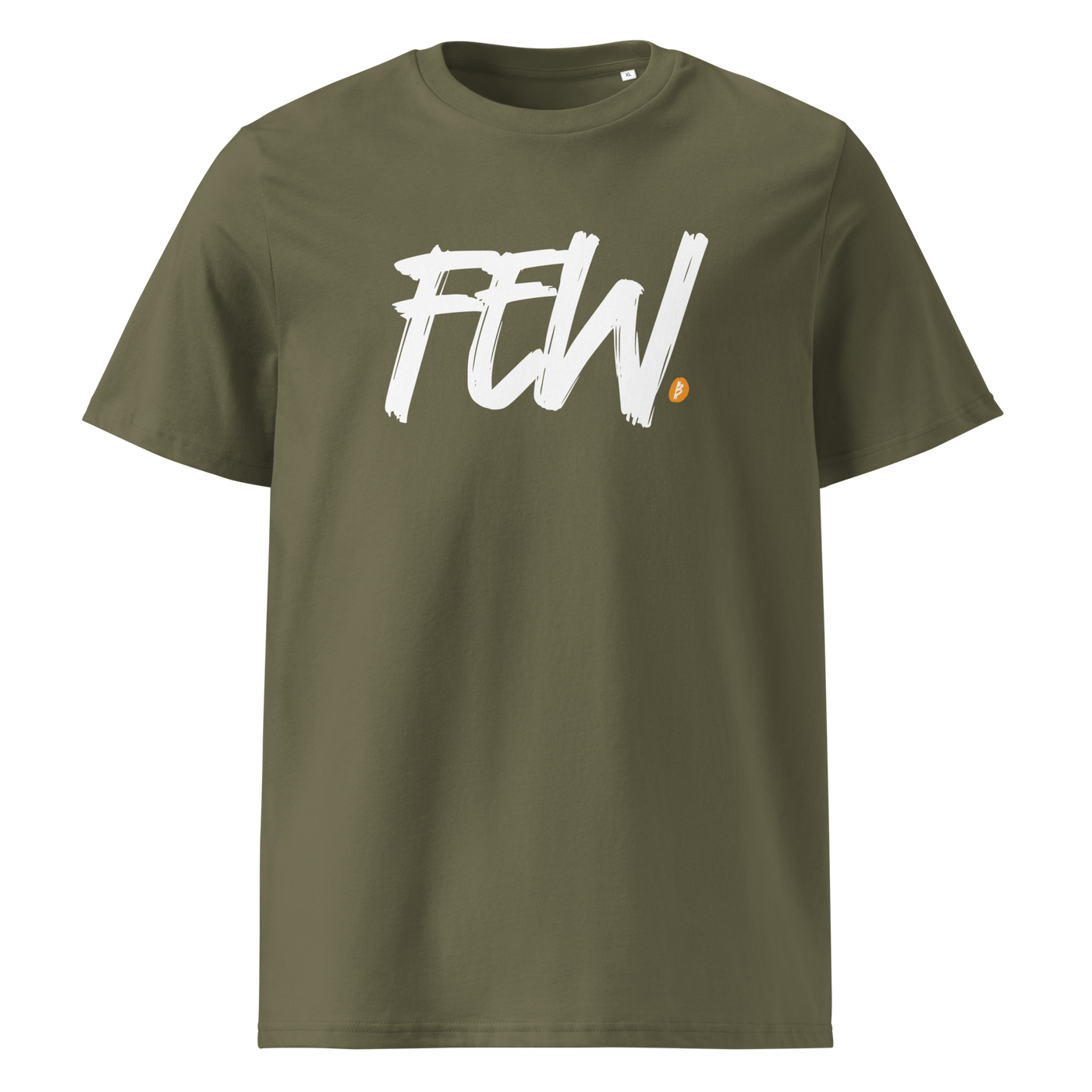 Few organic cotton bitcoin t-shirt in Khaki, front view: FEW. in black brush lettering with an orange bitcoin dot.