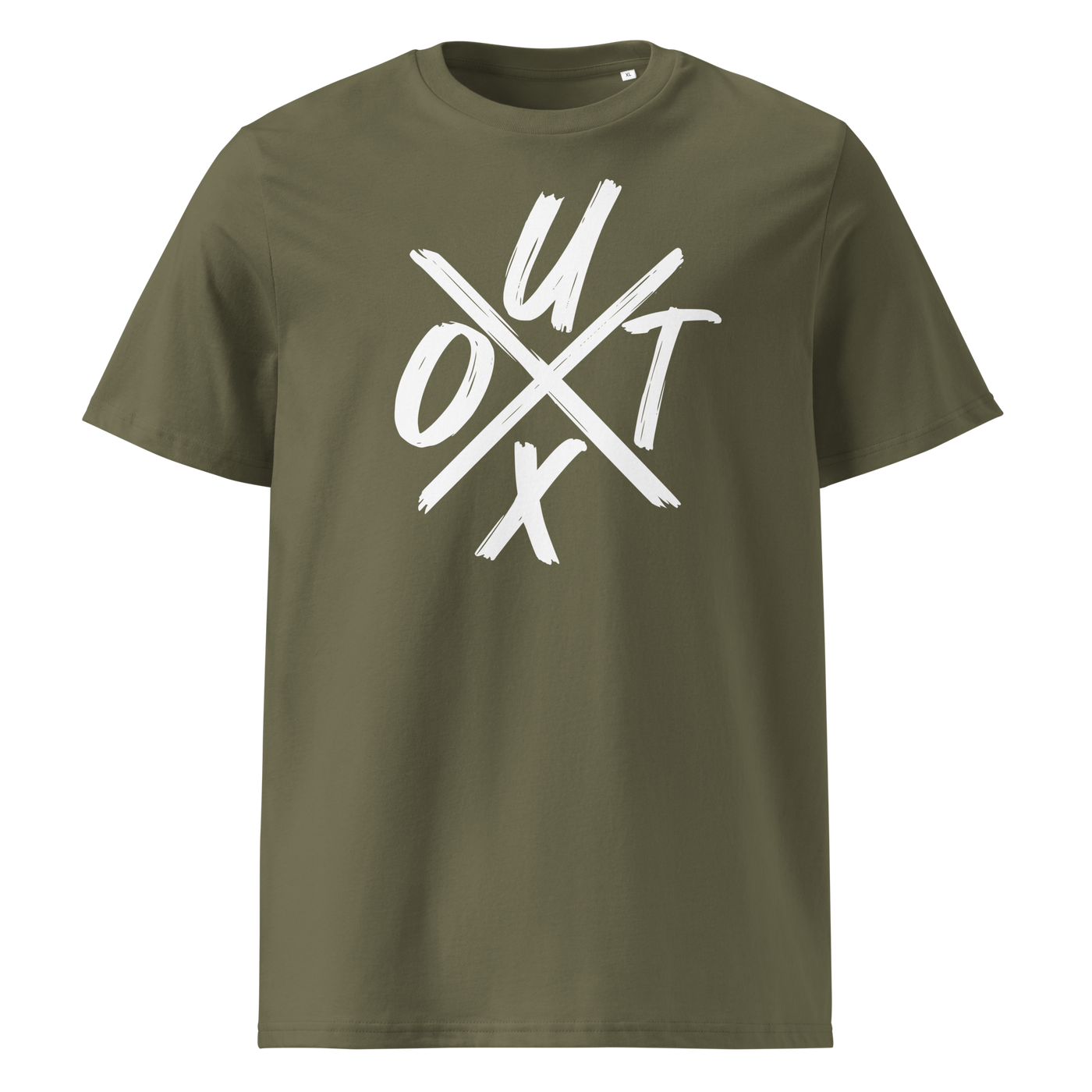 UTXO Management organic cotton bitcoin t-shirt in Khaki, front view: the letters UTXO arranged around a brushed cross.