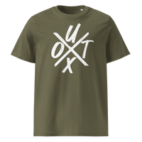 UTXO Management organic cotton bitcoin t-shirt in Khaki, front view: the letters UTXO arranged around a brushed cross.