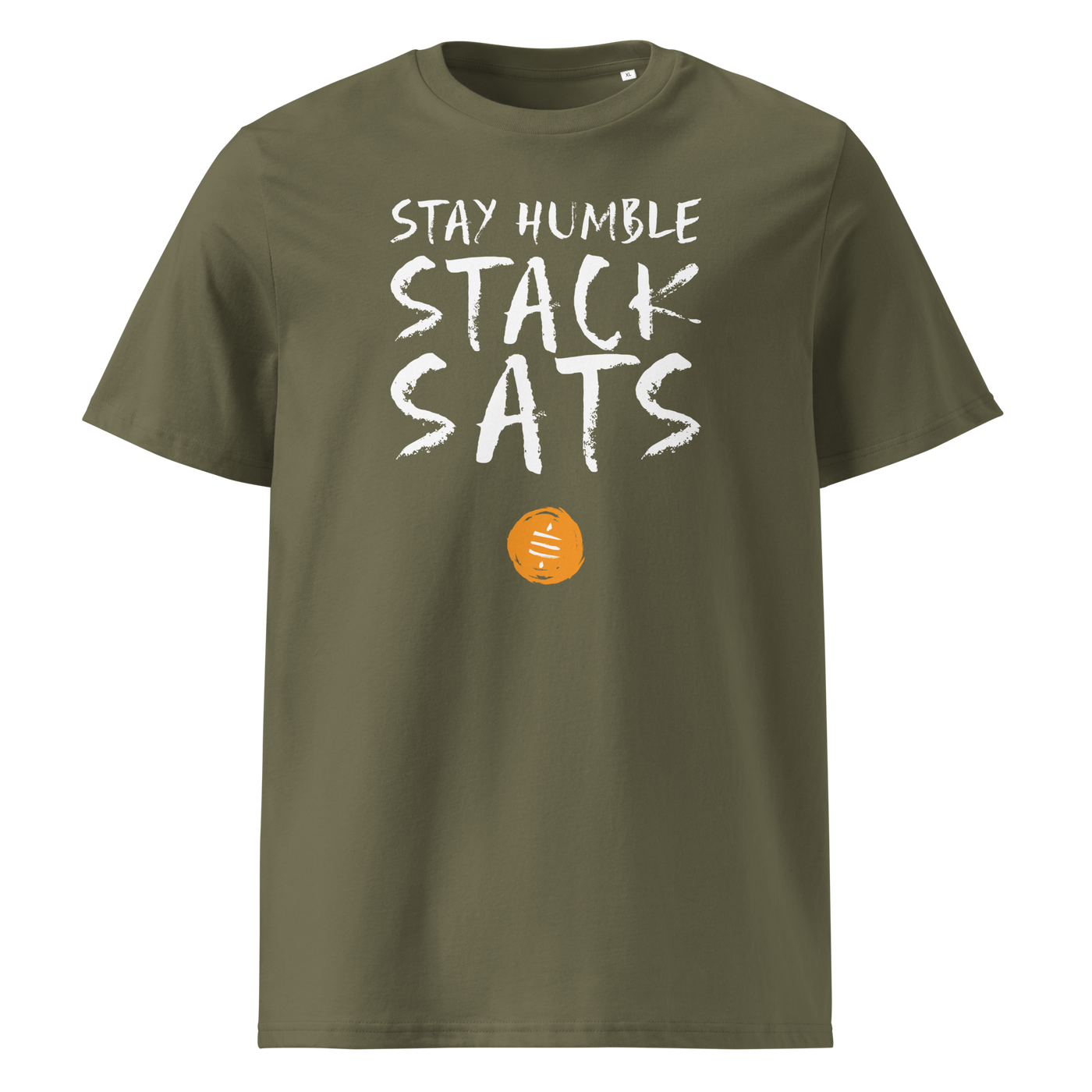 Stay Humble Stack Sats organic cotton bitcoin t-shirt in Khaki, front view: Stay Humble Stack Sats in black lettering above an orange sats coin.