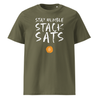 Stay Humble Stack Sats organic cotton bitcoin t-shirt in Khaki, front view: Stay Humble Stack Sats in black lettering above an orange sats coin.