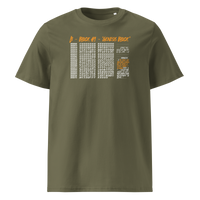 Genesis Block organic cotton bitcoin t-shirt in Khaki, front view: the raw data of Bitcoin's genesis block in grey and orange.