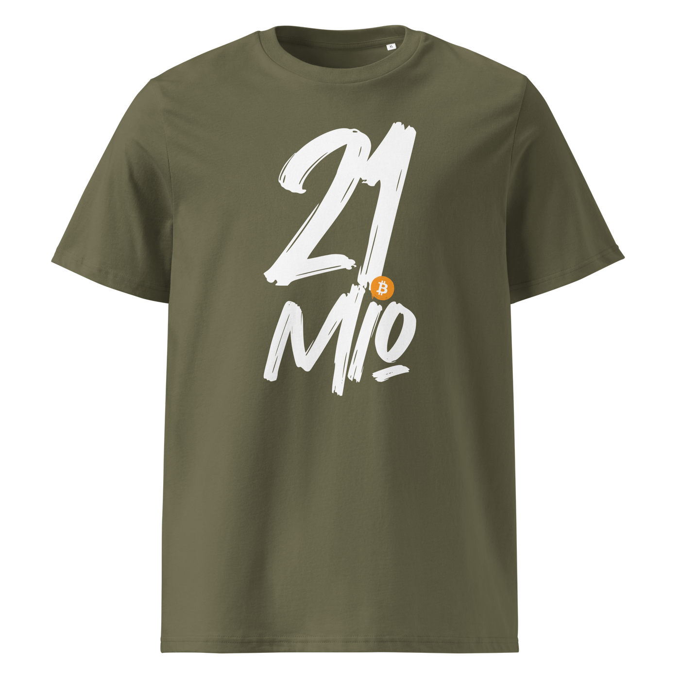 21 Million organic cotton bitcoin t-shirt in Khaki, front view: 21 Mio. in black brush lettering with an orange bitcoin coin.