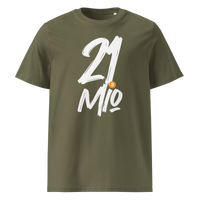 21 Million organic cotton bitcoin t-shirt in Khaki, front view: 21 Mio. in black brush lettering with an orange bitcoin coin.