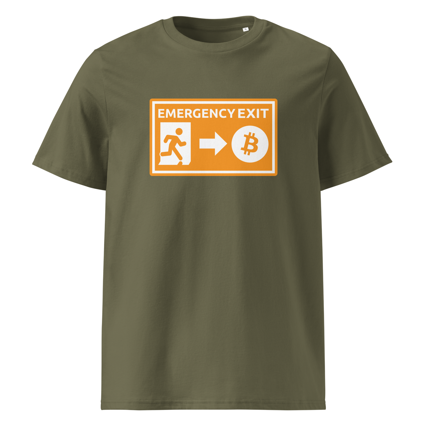 Emergency Exit organic cotton bitcoin t-shirt in Khaki, front view: an orange emergency exit sign where the running figure heads towards a bitcoin symbol.