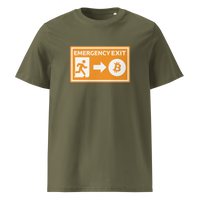 Emergency Exit organic cotton bitcoin t-shirt in Khaki, front view: an orange emergency exit sign where the running figure heads towards a bitcoin symbol.