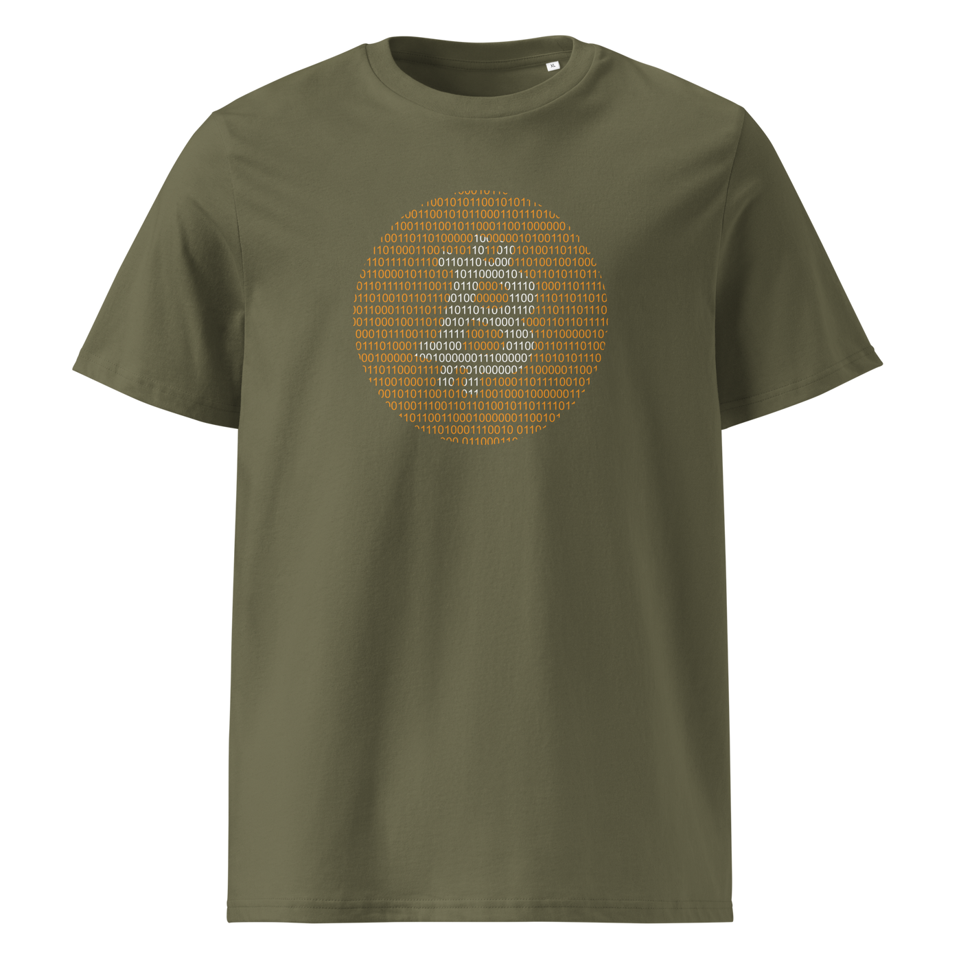 Bitcoin Binary organic cotton bitcoin t-shirt in Khaki, front view: an orange bitcoin symbol built from binary digits.