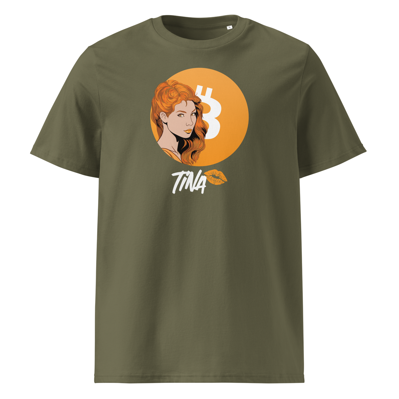 TINA organic cotton bitcoin t-shirt in Khaki, front view: an illustrated red haired woman in front of an orange bitcoin circle, signed TINA.