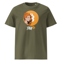 TINA organic cotton bitcoin t-shirt in Khaki, front view: an illustrated red haired woman in front of an orange bitcoin circle, signed TINA.