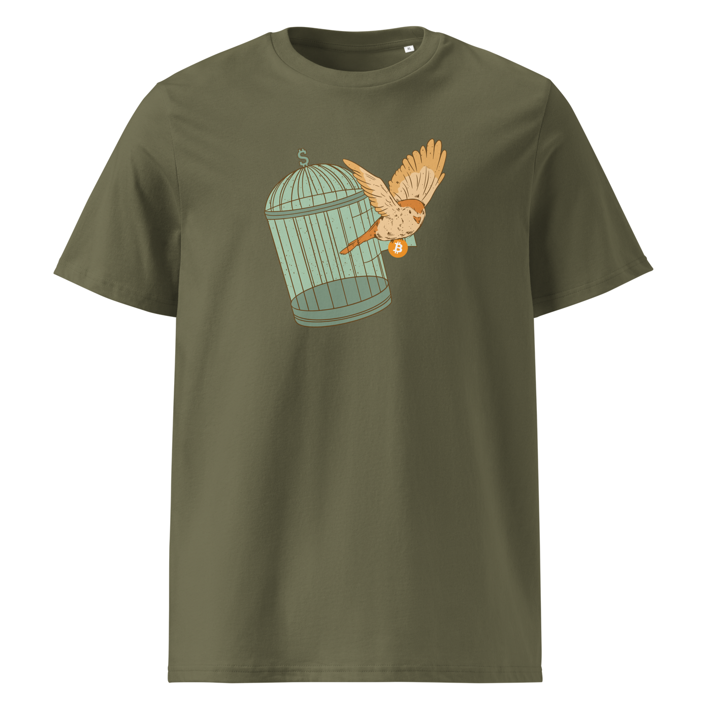 Escape from Fiat Madness organic cotton bitcoin t-shirt in Khaki, front view: an orange bird escaping from an open green birdcage.