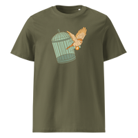 Escape from Fiat Madness organic cotton bitcoin t-shirt in Khaki, front view: an orange bird escaping from an open green birdcage.