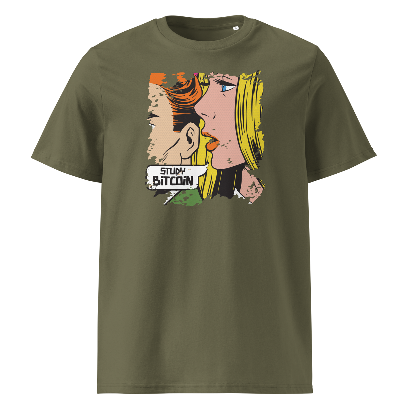 Study Bitcoin organic cotton bitcoin t-shirt in Khaki, front view: a pop art comic scene of a couple whispering, captioned Study Bitcoin.