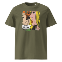 Study Bitcoin organic cotton bitcoin t-shirt in Khaki, front view: a pop art comic scene of a couple whispering, captioned Study Bitcoin.