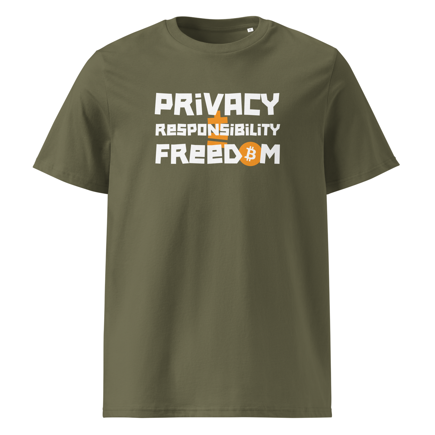 Privacy Responsibility Freedom organic cotton bitcoin t-shirt in Khaki, front view: Privacy Responsibility Freedom in white stencil letters, the O of Freedom an orange bitcoin coin.