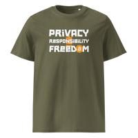 Privacy Responsibility Freedom organic cotton bitcoin t-shirt in Khaki, front view: Privacy Responsibility Freedom in white stencil letters, the O of Freedom an orange bitcoin coin.