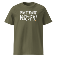 Don't Trust Verify! organic cotton bitcoin t-shirt in Khaki, front view: Don't Trust Verify! in black brush lettering.