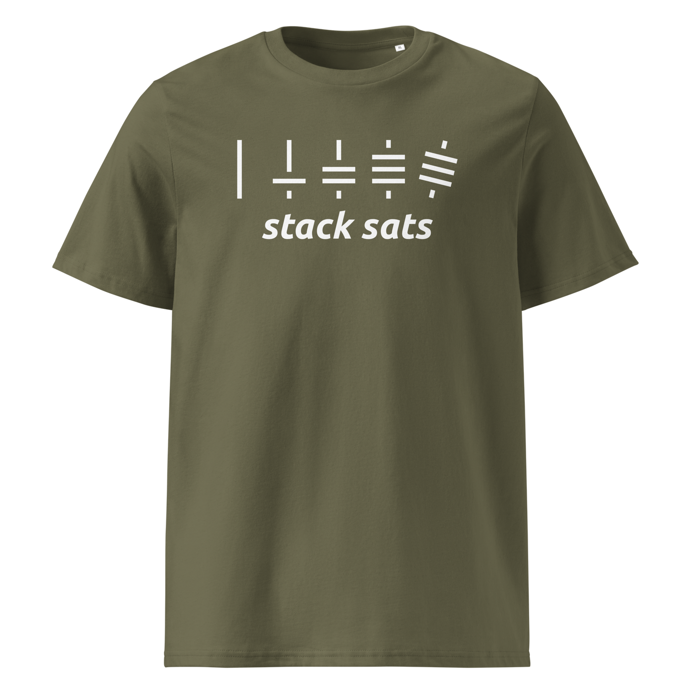 Stack Sats organic cotton bitcoin t-shirt in Khaki, front view: five rising stacks of lines above the words stack sats.