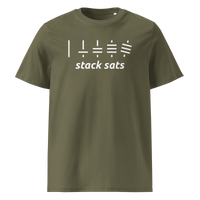 Stack Sats organic cotton bitcoin t-shirt in Khaki, front view: five rising stacks of lines above the words stack sats.
