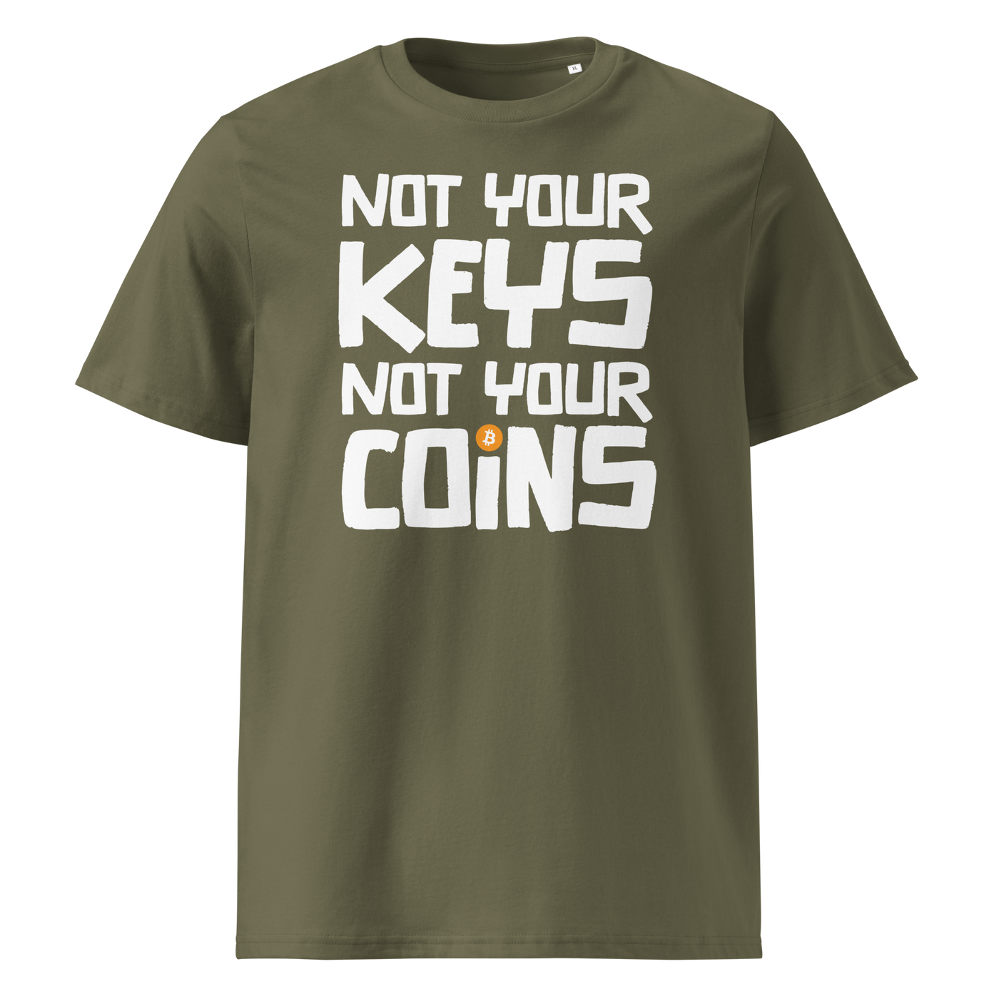 Not your Keys not your Coins organic cotton bitcoin t-shirt in Khaki, front view: Not your Keys not your Coins in bold black letters with an orange bitcoin dot.