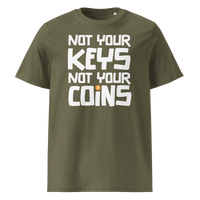 Not your Keys not your Coins organic cotton bitcoin t-shirt in Khaki, front view: Not your Keys not your Coins in bold black letters with an orange bitcoin dot.