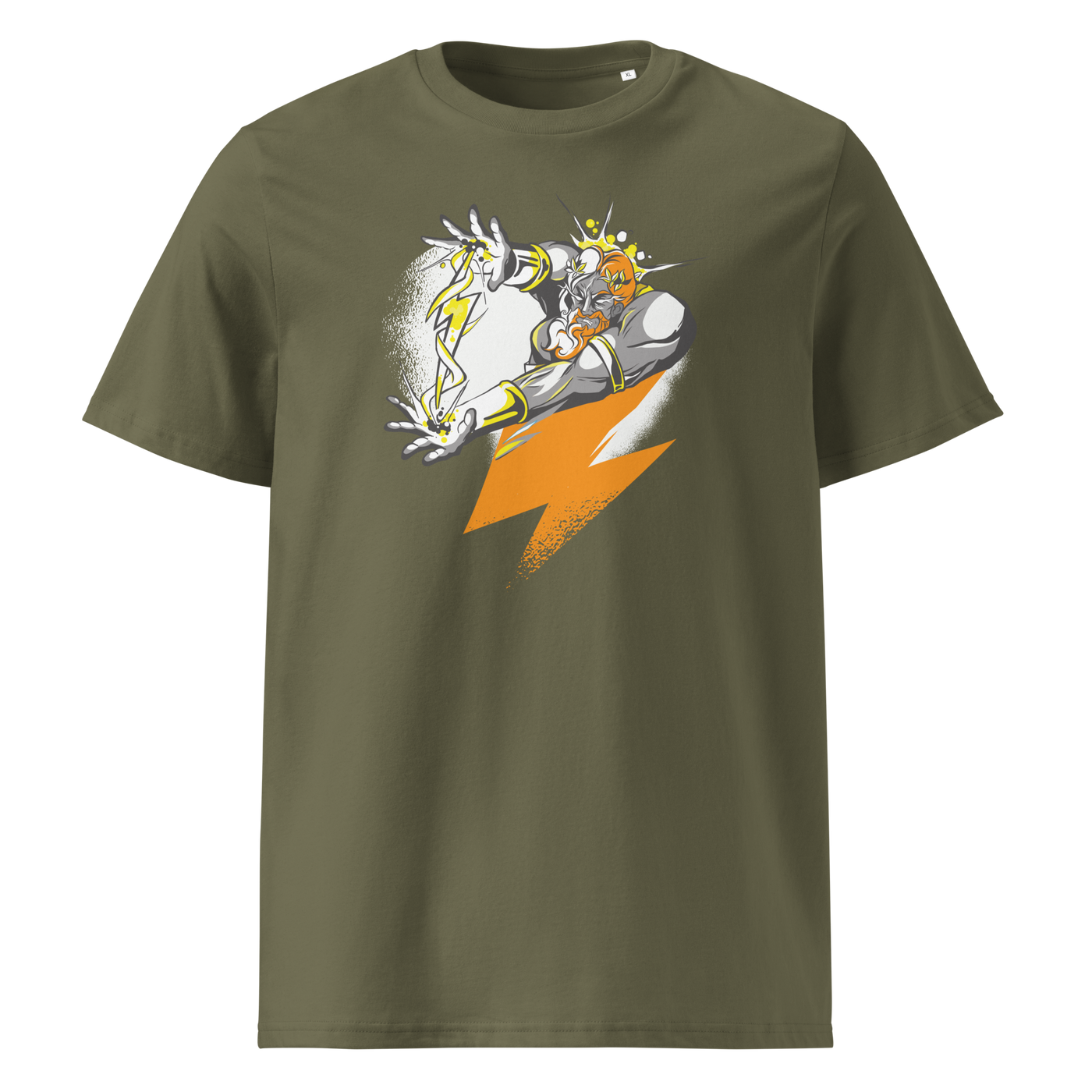 Bitcoin Support Zeus organic cotton bitcoin t-shirt in Khaki, front view: Zeus hurling an orange lightning bolt from a cloud.