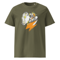 Bitcoin Support Zeus organic cotton bitcoin t-shirt in Khaki, front view: Zeus hurling an orange lightning bolt from a cloud.