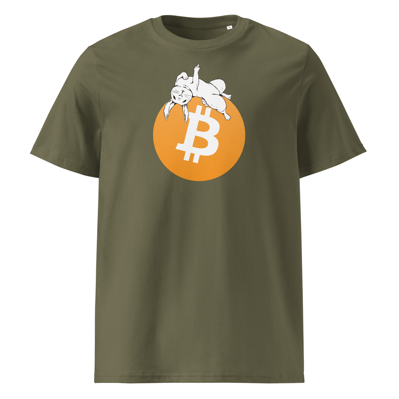 White Rabbit Bitcoin - F*** Fiat Money organic cotton bitcoin t-shirt in Khaki, front view: a white rabbit leaping over a large orange bitcoin coin.