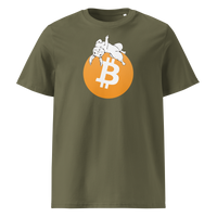 White Rabbit Bitcoin - F*** Fiat Money organic cotton bitcoin t-shirt in Khaki, front view: a white rabbit leaping over a large orange bitcoin coin.